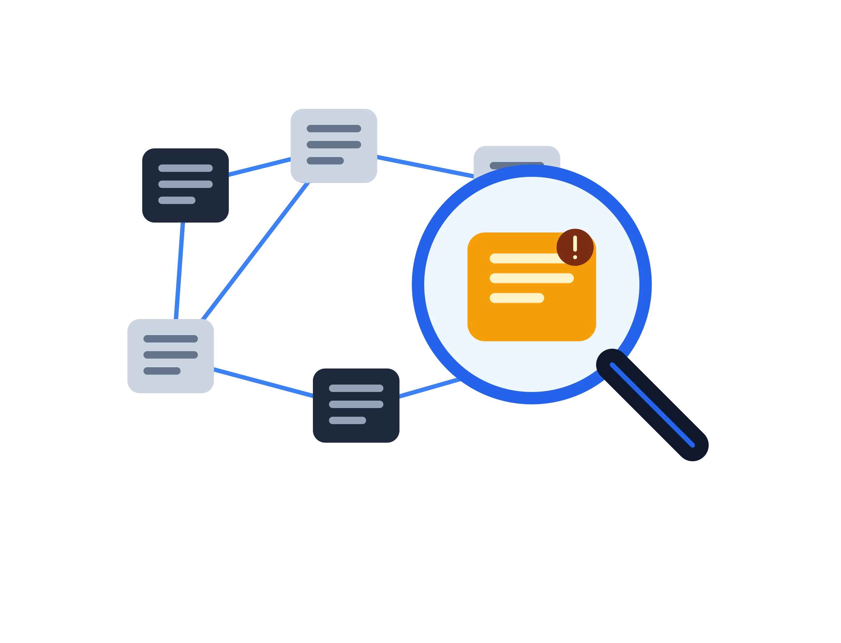 Illustration of a vulnerability scan detecting a flagged issue on a network of servers